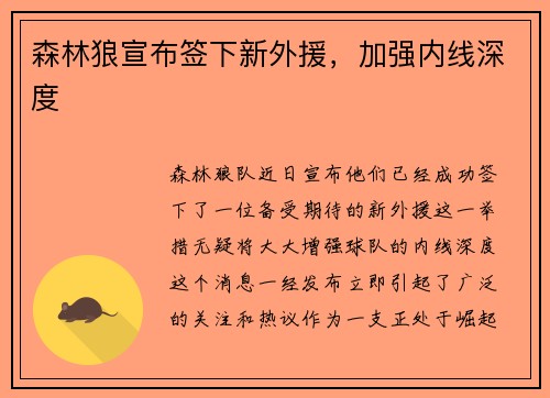 森林狼宣布签下新外援，加强内线深度